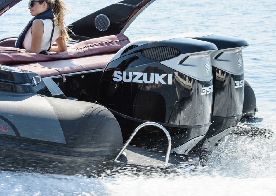 DF350A Outboard attached on a small black inflatable boat